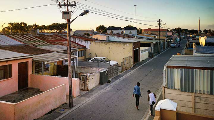 Elevated view of Cape Town Langa housing area in South Africa at twilight