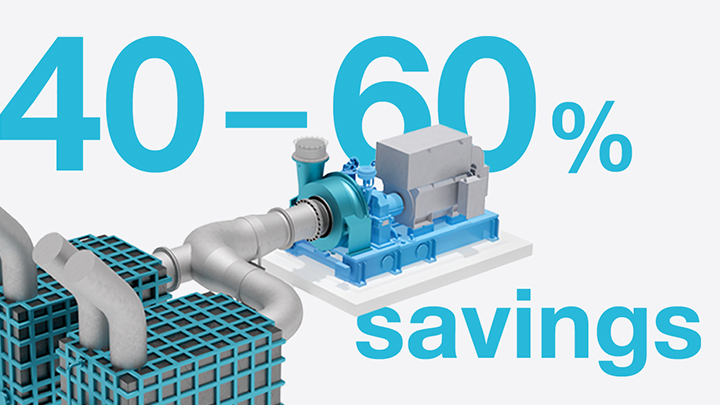 40 to 60 percent savings in blue letters with 3D rendering of MAN TURBAIR system