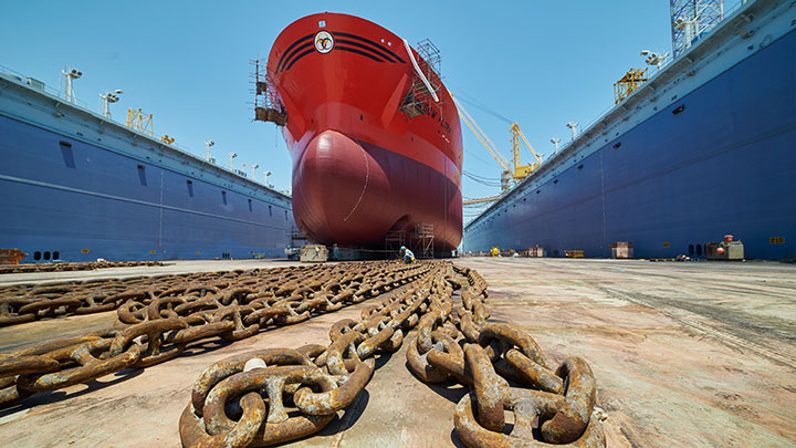 Retrofitting ship in dry dock